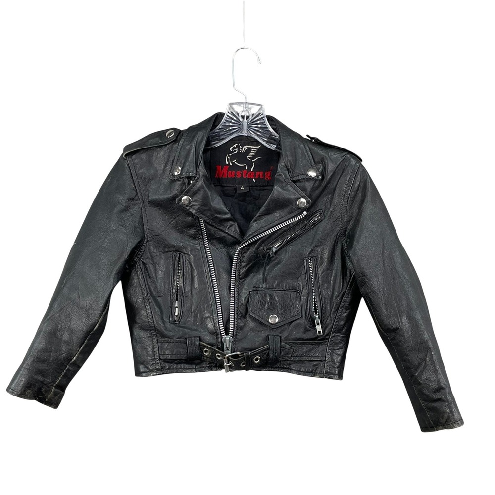Mustang Leather Motorcycle Jacket Kid Size 4 Black Biker Asymmetrical Zip Belted